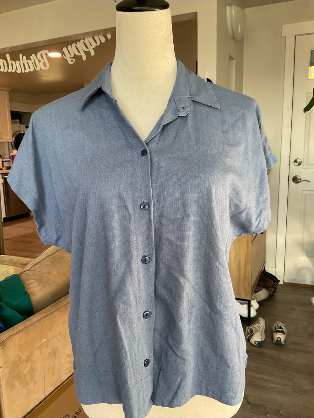 ☕️Made in Thailand Linen Cotton Blue Gray Drop Shoulder Button Down Shirt